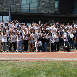 A gathering of students in front of Skillman Library at Lafayette College.